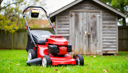 Red lawn mower positioned on green grass next to a wooden shed  