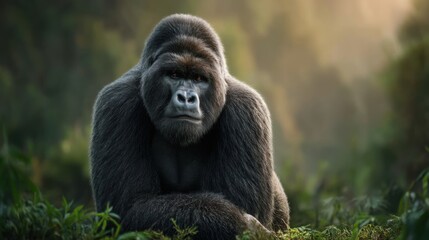 Majestic mountain gorilla resting in the lush vegetation