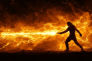 Naklejka premium Silhouette of a man wielding a plasma blade in battle