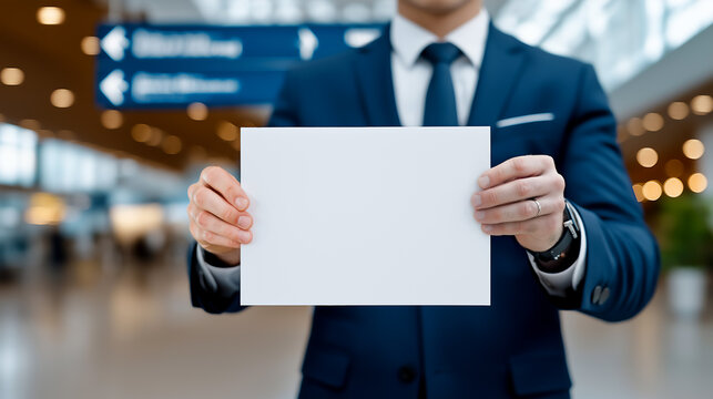 Caucasian man in blue suit holding blank white sign in airport arrivals, picking up a passenger