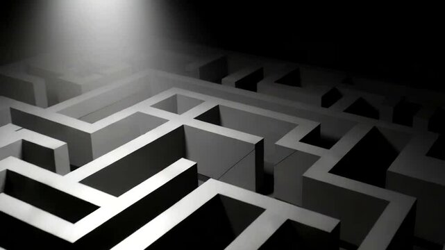 Luminous Maze A spotlight illuminates the confusing paths and dark corners of a grayscale labyrinth
