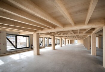 Spacious interior of an office building under construction featuring exposed wooden beams and large windows showcasing natural light