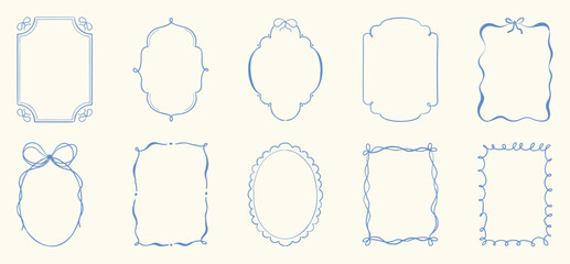 Cute hand drawn scribble ribbons cottage frames vector set. Whimsical frame with wavy line, bows, ribbon. Design for wedding, card, invitation, birthday, poster. © TWINS DESIGN STUDIO