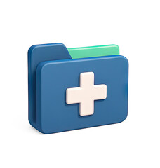 A blue folder with a white cross on it, standing upright on a transparent background
