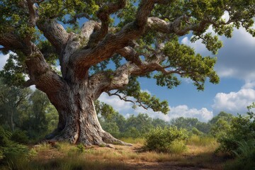 Ancient tree in a forest setting with blue sky peaking through.