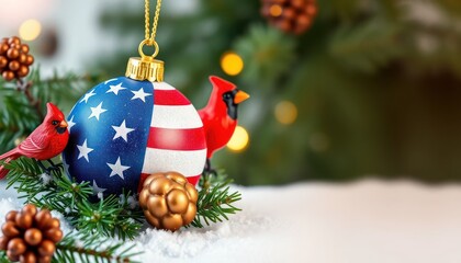 Patriotic Christmas Ornament with Cardinal and Pine Branch Holiday Scene