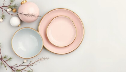 Delicate Pastel Dinnerware and Ornaments for Festive Holiday Table Setting