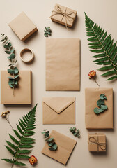 Kraft Stationery and Gift Set: Eco-friendly kraft paper stationery and gift packaging featuring dried eucalyptus and fern leaves. Top view flat lay.