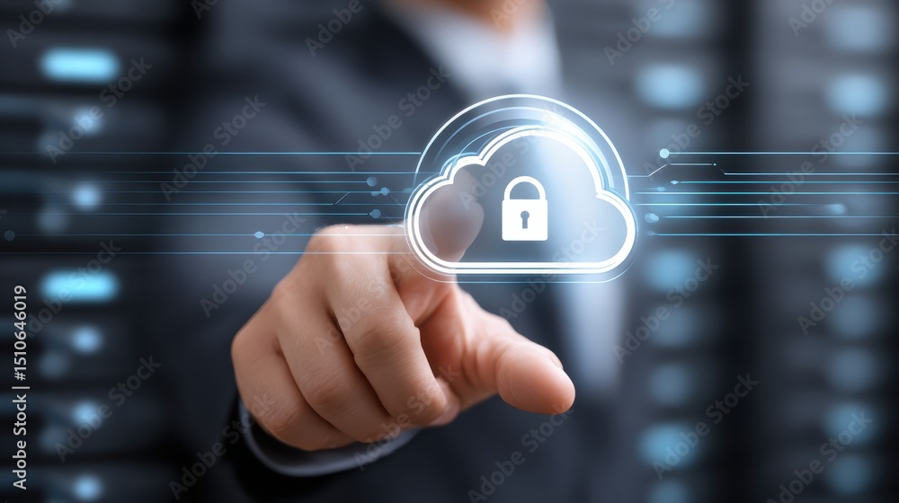 Poster a person touches a virtual cloud with a padlock, symbolizing secure cloud computing and data protect