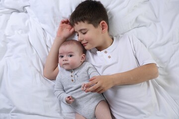Cute little brothers on bed, top view