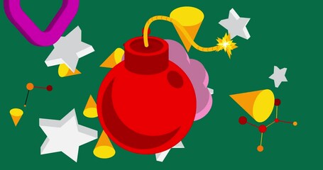 Bomb geometrical graphic retro explosive theme background video. Minimal geometric elements animation. Vintage abstract shapes illustration for advertising.