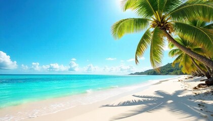 Fototapeta premium Vibrant summer scene with sun-drenched beach, turquoise ocean waves, and lush palm trees Perfect for travel, vacation, or summer themed projects , ocean view, colorful