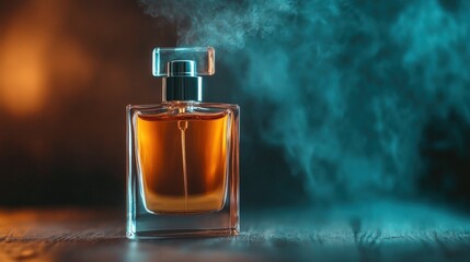 A vintage glass perfume atomizer releasing a fine mist of fragrance