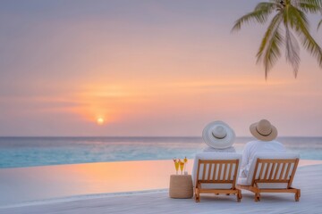 Fototapeta premium Couple enjoying romantic sunset at luxury resort in the maldives