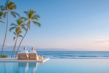Obraz premium Senior couple relaxing by infinity pool overlooking tropical ocean at sunset