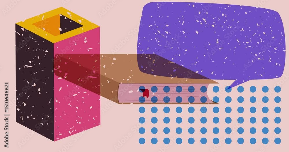 Poster risograph book and speech bubble with geometric shapes animation. moving object in trendy riso graph