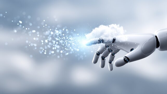 A robotic hand touches a digital cloud, emitting sparkling particles in a futuristic, technological setting. - Powered by Adobe