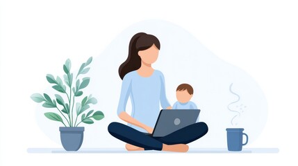 A mother works on a laptop while sitting cross-legged with her child, next to a plant and a cup of coffee.