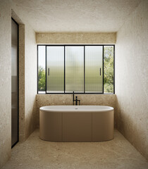 Modern Bathroom design with beige bathtub and beige stone tiles. 3D Rendering, 3D Illustration
