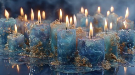 Intricately designed blue-hued candles with textured swirls resembling flowing water, adorned with golden bubble-like formations, are the focal point. Lit wicks with flickering flames cast a warm glow