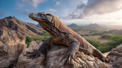 Fototapeta premium Komodo dragon resting on a rock overlooking Rinca Island, Indonesia