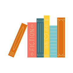 Cute stack of books standing, flat view of spines in front. Vector illustration in minimalistic style on white background.