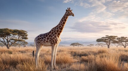 Obraz premium Giraffe standing in the african savanna at sunrise