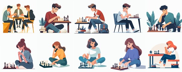 Cartoon Students Playing Chess – Strategic Thinking and Board Game Illustration Set