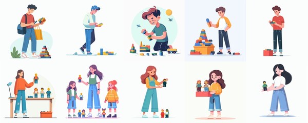 Cartoon Kids and Teens Playing with Building Blocks and Mini Figures – Creative Play Illustration Set