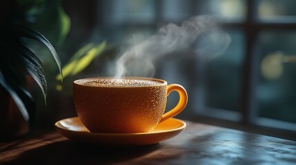 Warm coffee steaming in a sunny window