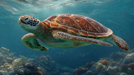 Fototapeta premium Sea turtle swimming over a colorful coral reef in the ocean