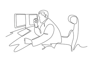 Continuous one line drawing a people controlling astronaut activity at control office. Professional job profession minimalist concept. Single line draw design vector graphic illustration
