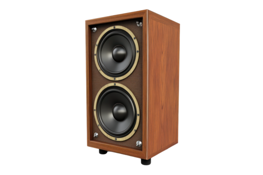 Wooden stereo speaker with two large round drivers in a classic brown finish suitable for home o systems and professional sound setups