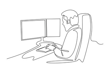 Continuous one line drawing of people work at space control room. Professional job profession minimalist concept. Single line draw design vector graphic illustration