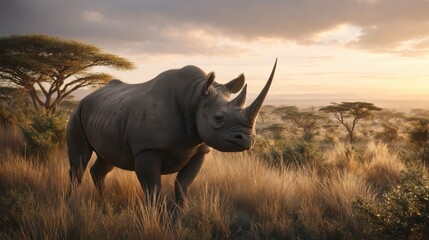 Obraz premium Black rhinoceros standing in african savanna at sunset