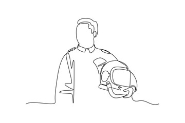 Continuous one line drawing of young astronaut carrying his helmet. Professional job profession minimalist concept. Single line draw design vector graphic illustration