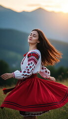 Ukrainian Girl in traditional embroidery vyshyvanka dress dancing alone in Carpathian mountains