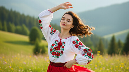 Beautiful ukrainian woman in dancing alone in Carpathian mountains nature