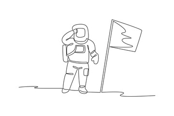 Continuous one line drawing of astronaut standing next to a flag on the moon. Professional job profession minimalist concept. Single line draw design vector graphic illustration