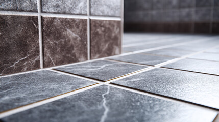 Close up of tiled floor and wall with grout lines, showing textured ceramic tiles in shades of gray and brown, with clean, straight grout lines creating neat pattern, in modern interior setting