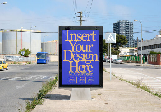 Blank Advertising urban panel Board on a Busy Street. PSD Mockup