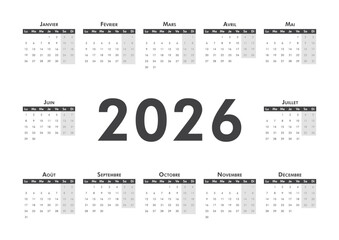 2026 calendar modern classic on French language. Week starts on Monday. Desk or wall A4 black and white horizontal calendar in minimalist style