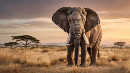 Majestic elephant standing in the african savanna at sunset