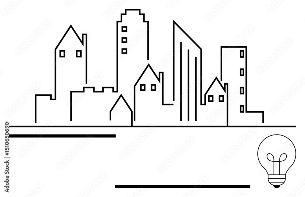 Poster simplistic city skyline outlined with various building types, paired with a light bulb. ideal for in