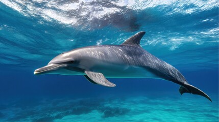 Fototapeta premium Dolphin swimming underwater in blue ocean near coral reef