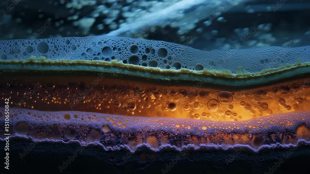Poster colorful probiotic foam layers developing within spacecraft laboratory fermenter, revealing dynamic 