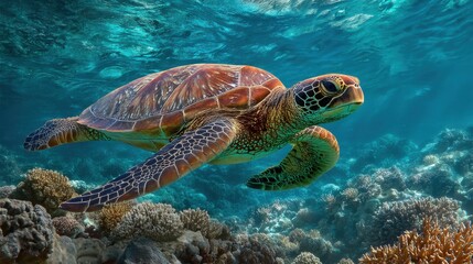 Obraz premium Sea turtle swimming over a colorful coral reef in the ocean