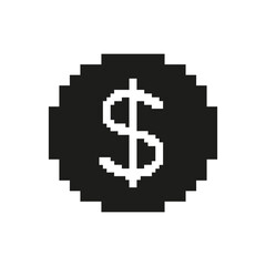 Dollar Coin Pixel Art Icon. Currency, Finance, And Economic Value Symbol. Retro Gaming Style. Isolated Vector Illustration