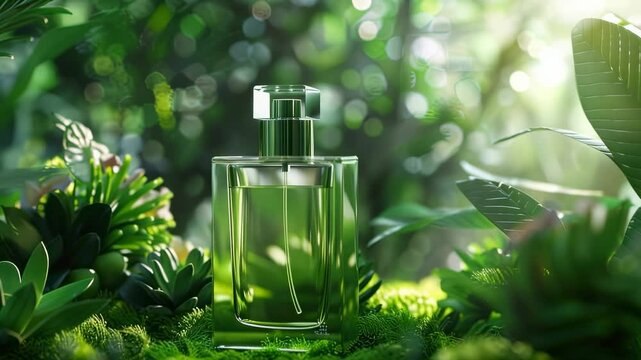 Elegant perfume bottle amidst lush green foliage, showcasing natural fragrance in a botanical setting with soft, diffused lighting.