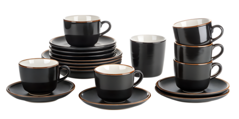 elegant black cremaware coffee cups and saucers - modern tableware isolated on transparent background